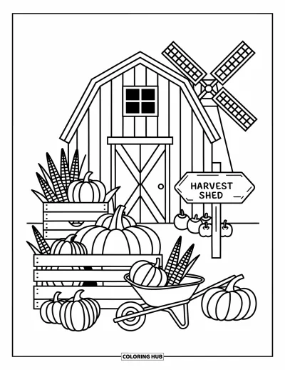 Coloriage de grange pour adultes : Une enseigne de hangar de récolte indique des citrouilles, des pommes et des courges près d'une grange rustique