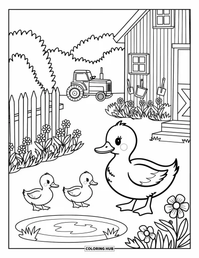 Coloriage de grange pour adultes : Une cane et ses canetons se promènent près d'un étang et d'une grange paisible
