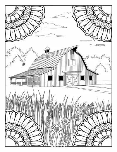 Coloriage de grange pour adultes : Une grange en prairie est nichée dans des mandales de marguerites et de tournesols sous un ciel dégagé