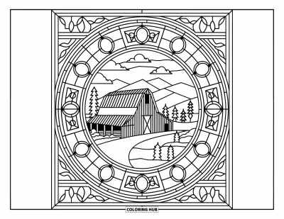 Coloriage de grange pour adultes : Une grange paisible repose dans une scène circulaire façon vitrail avec des icônes naturelles tout autour