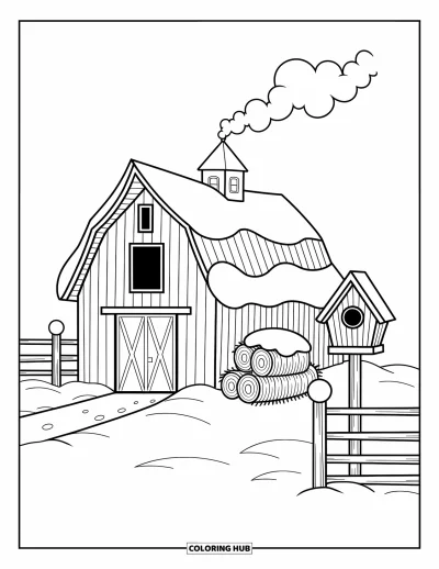 Coloriage de grange pour adultes : Une grange au toit pointu est installée dans un champ enneigé avec un joli nichoir sur un poteau