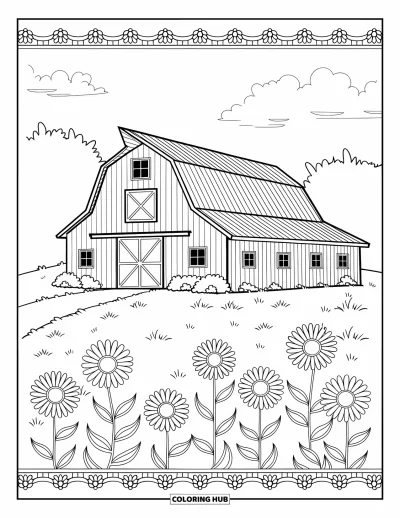 Coloriage de grange pour adultes : Une grange à porte rouge se dresse dans les hautes herbes, encadrée de mandales de tournesols et de marguerites