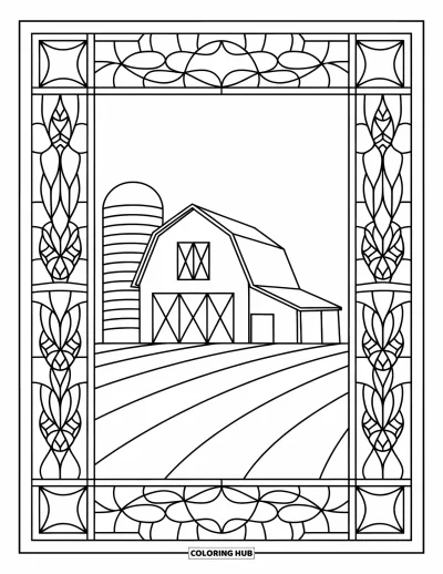 Coloriage de grange pour adultes : Un silo et une grange sont centrés dans une composition de vitrail remplie de lianes