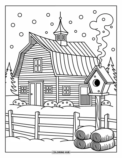 Coloriage de grange pour adultes : Une scène de grange enneigée avec de la fumée sortant de la cheminée et un nichoir perché