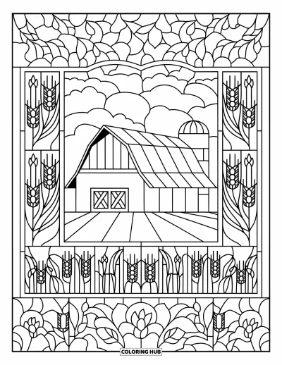 Coloriage de grange pour adultes : Une grange au toit de chaume et un silo sont entourés de motifs décoratifs de cultures façon vitrail