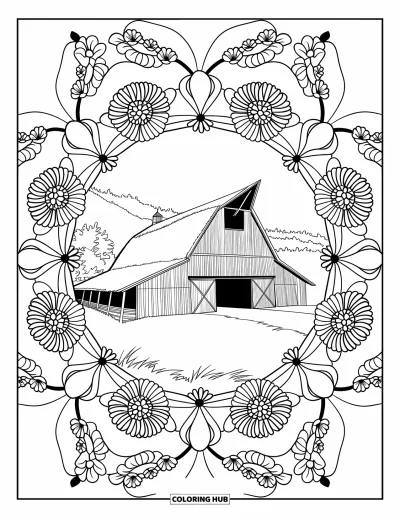 Coloriage de grange pour adultes : Une grange au toit de chaume est encadrée de roses, de marguerites et d'autres mandales de fleurs