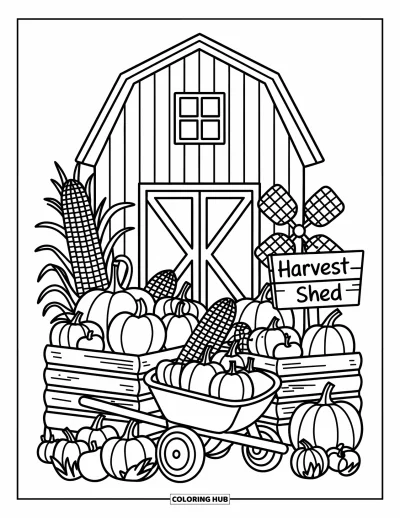 Coloriage de grange pour adultes : Une brouette est posée à côté d'une grange remplie de caisses d'automne et d'un petit moulin à vent