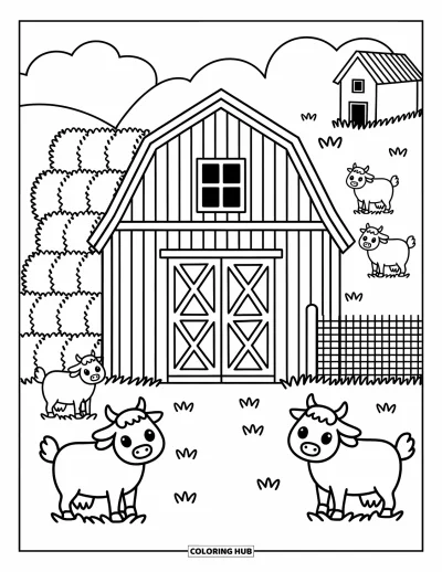 Coloriage de grange pour adultes : Une grange aux grandes portes est posée à côté de bottes de foin et d'un poulailler clôturé avec des vaches qui paissent