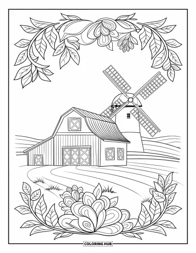 Coloriage de grange pour adultes : Un moulin à vent et une grange reposent paisiblement parmi des lianes feuillues et des pétales de mandales floraux