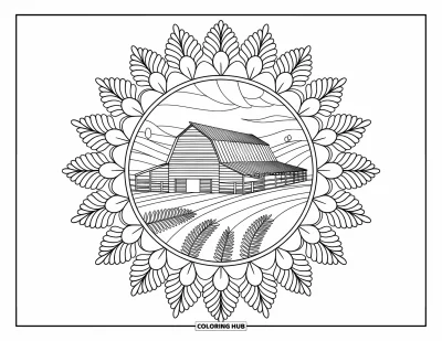 Coloriage de grange pour adultes : Une grange en bois est nichée dans un mandale floral de tournesols et de fougères