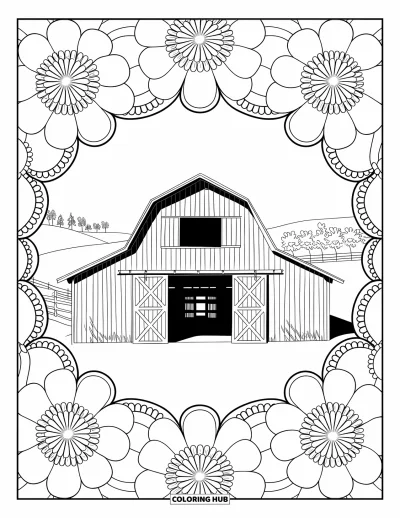 Coloriage de grange pour adultes : Une grange ouverte repose au milieu de mandales floraux superposés et de douces collines