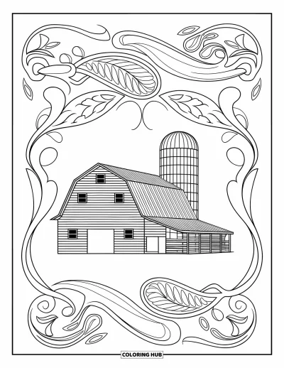 Coloriage de grange pour adultes : Des motifs audacieux et des arabesques remplissent une page avec une grange et un silo au centre