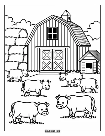 Coloriage de grange pour adultes : Des vaches paissent paisiblement près d'une grange avec des bottes de foin et un poulailler accueillant