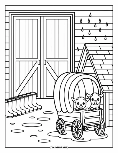 Coloriage de grange pour adultes : La bruine tombe sur une grange avec des flaques, des bottes en caoutchouc et des chèvres qui pointent le bout du nez sous un abri