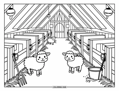 Coloriage de grange pour adultes : Des animaux de ferme font une sieste dans une grange chaleureuse remplie de foin et baignée d'une douce lumière de lanterne