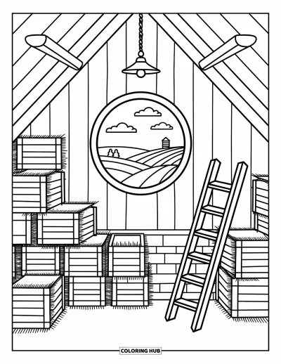 Coloriage de grange pour adultes : Du foin et des caisses remplissent le fenil d'une grange avec une fenêtre ronde donnant sur des collines au loin