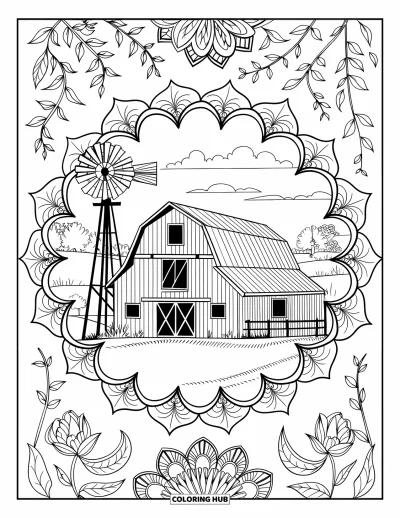 Coloriage de grange pour adultes : Des mandales floraux complexes et des lianes encadrent une grange et un moulin à vent dans un champ tranquille