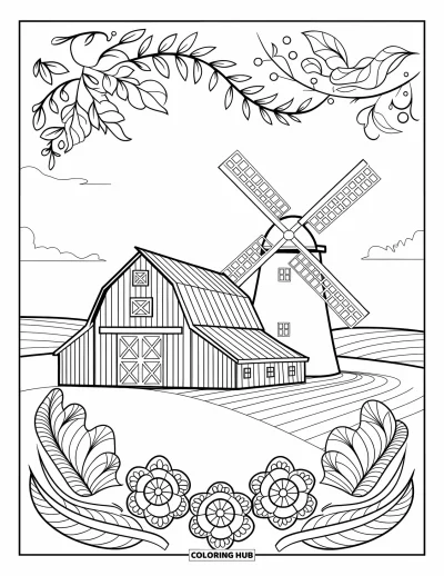Coloriage de grange pour adultes : Des lianes feuillues et des fleurs en mandale encadrent un moulin à vent et une grange sous un ciel lumineux