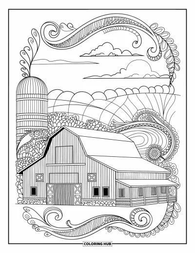 Coloriage de grange pour adultes : Des volutes ornementales entourent une grange et un silo dans une scène de mandale champêtre