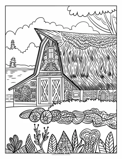 Coloriage de grange pour adultes : Des plantes et des fleurs entourent une grange dans une composition campagnarde façon vitrail