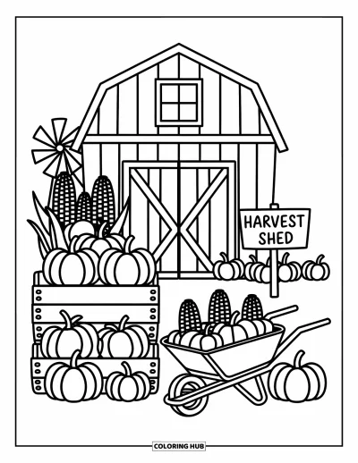 Coloriage de grange pour adultes : Des citrouilles et des caisses s'alignent près d'une grange dans une chaleureuse scène de récolte automnale