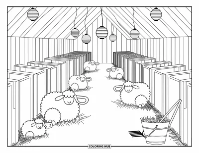 Coloriage de grange pour adultes : Des rangées de moutons et de veaux se reposent dans une grange douillette éclairée par des lanternes suspendues