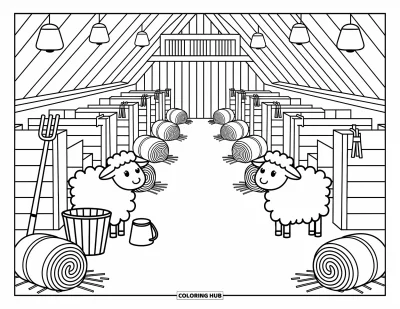 Coloriage de grange pour adultes : Des moutons et des veaux se blottissent dans une grange avec du foin et des guirlandes lumineuses