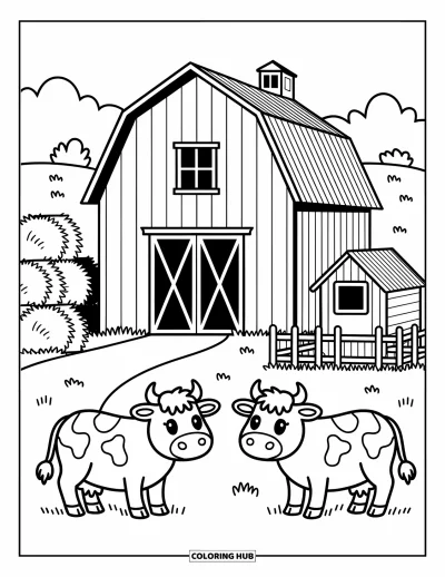 Coloriage de grange pour adultes : Du foin empilé et un poulailler sont installés près d'une grange avec de mignonnes vaches kawaii dans des champs herbeux
