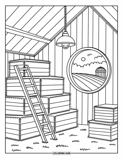 Coloriage de grange pour adultes : Des piles de foin et des caisses remplissent un fenil avec vue sur des champs au loin
