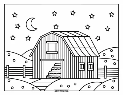 Coloriage de grange pour adultes : Des étoiles scintillent au-dessus d'une grange à la porte ouverte et à la prairie clôturée paisible