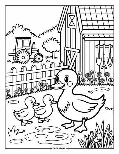Coloriage de grange pour adultes : Deux canetons suivent leur mère près d'un étang, des fleurs et une grange