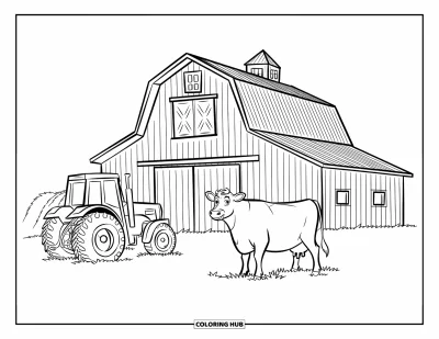 Coloriage de grange pour enfants : Une grange, une vache et un tracteur composent cette scène de ferme ouverte