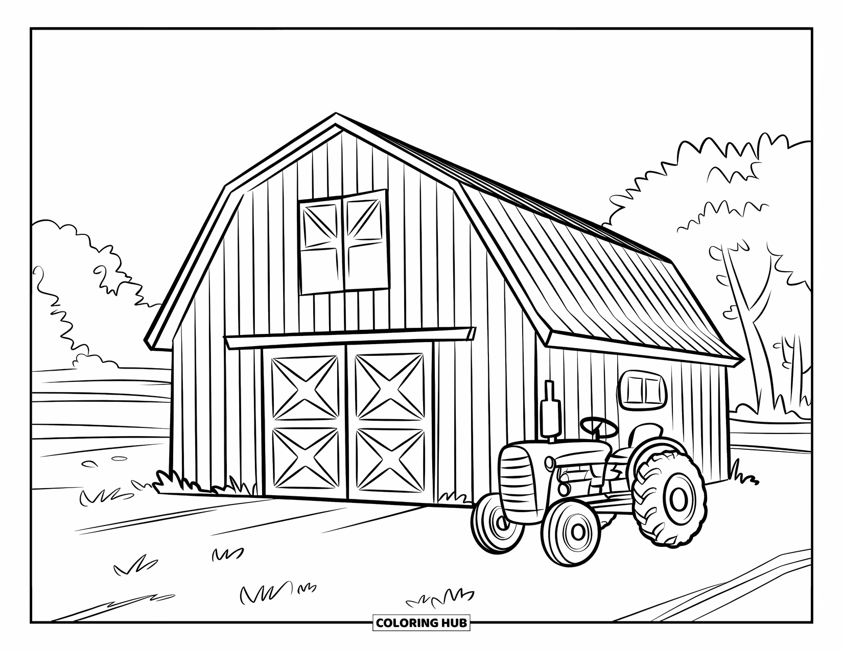 Barn Coloring Page for Kids: A barn and tractor rest in a field with trees in the distance