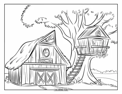 Coloriage de grange pour enfants : Une grange et une cabane dans les arbres sont installées dans un champ verdoyant entouré de branches feuillues