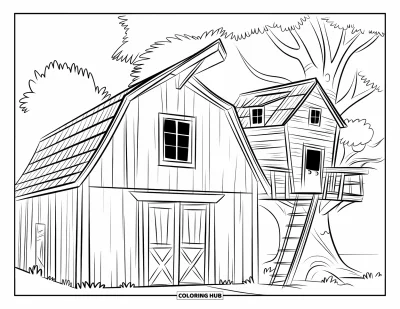 Coloriage de grange pour enfants : Une grange et une cabane dans les arbres sont côte à côte sous de grands arbres