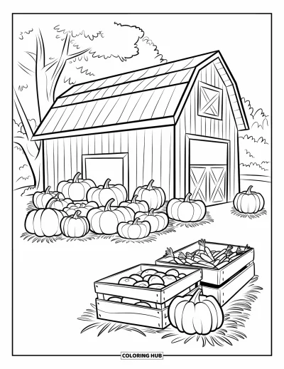 Coloriage de grange pour enfants : Une grange est posée à côté d'un potager plein de citrouilles et de caisses de légumes frais