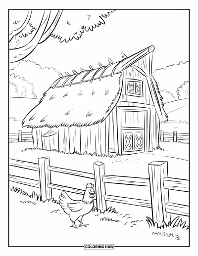 Coloriage de grange pour enfants : Une grange est installée dans un champ entouré d'une clôture et d'une poule affairée