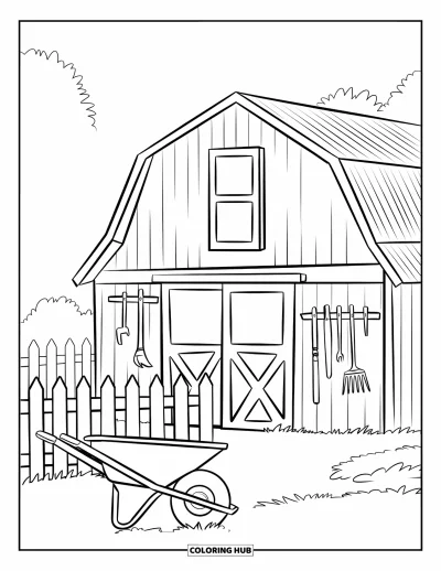 Coloriage de grange pour enfants : Une grange se dresse derrière une clôture blanche avec des outils et une brouette devant