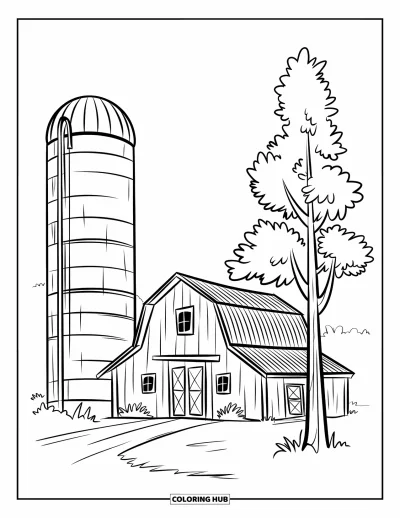Coloriage de grange pour enfants : Une grange est posée à côté d'un grand silo et d'un petit arbre