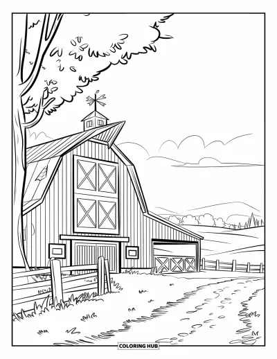 Coloriage de grange pour enfants : Une grange avec un chemin de terre et une girouette est nichée près d'arbres et de collines