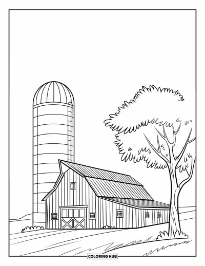 Coloriage de grange pour enfants : Une grange avec une porte et des fenêtres se dresse à côté d'un silo et d'un arbre feuillu