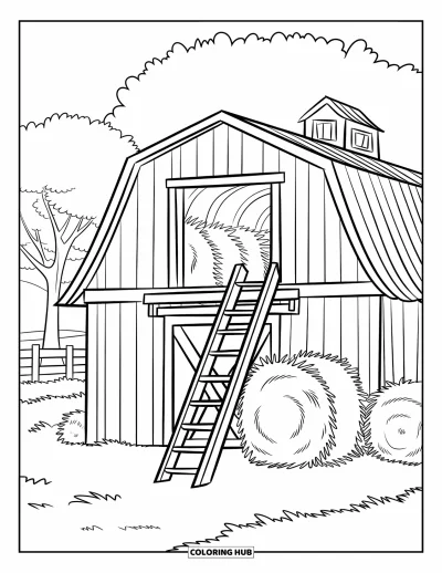 Coloriage de grange pour enfants : Une grange avec une échelle de fenil est installée près d'arbres et d'une clôture