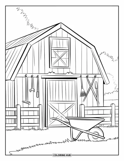 Coloriage de grange pour enfants : Une grange à porte rouge est installée près d'une clôture blanche avec des outils éparpillés
