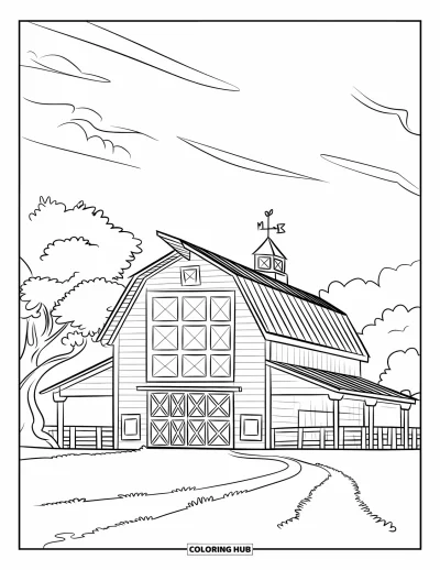 Coloriage de grange pour enfants : Une grange à toit rouge et grandes fenêtres se trouve derrière une clôture blanche
