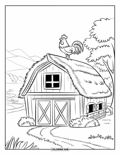 Coloriage de grange pour enfants : Une grange avec un coq sur le toit se dresse dans un champ avec des arbres et des collines