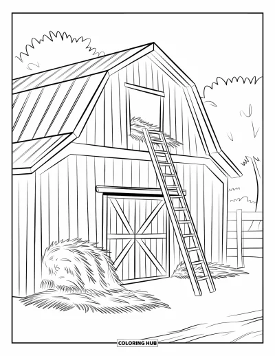 Coloriage de grange pour enfants : Une grange avec du foin et une échelle se tient sous des arbres aux feuilles touffues