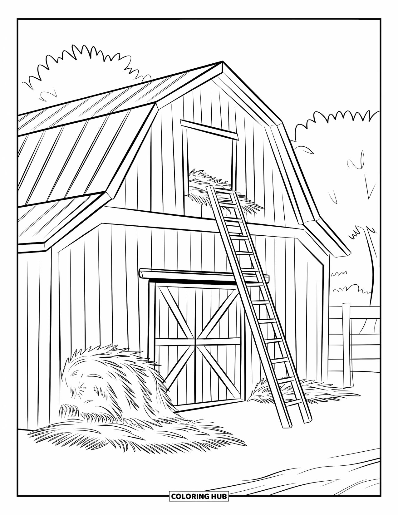 Barn Coloring Page for Kids: A barn with hay and a ladder stands beneath leafy trees