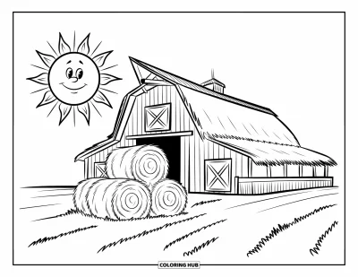 Coloriage de grange pour enfants : Une grande grange se trouve sous un soleil souriant avec des bottes de foin devant