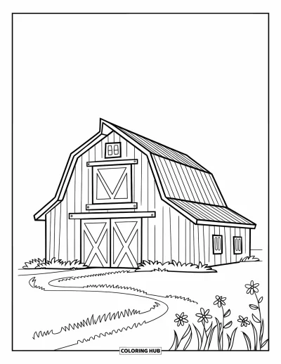 Coloriage de grange pour enfants : Une grange joyeuse avec de petites fenêtres est installée sur une prairie vallonnée avec quelques fleurs