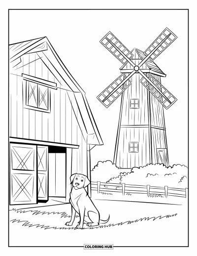 Coloriage de grange pour enfants : Un chien joyeux est assis près d'une grange au toit rouge et d'un moulin à vent en bois